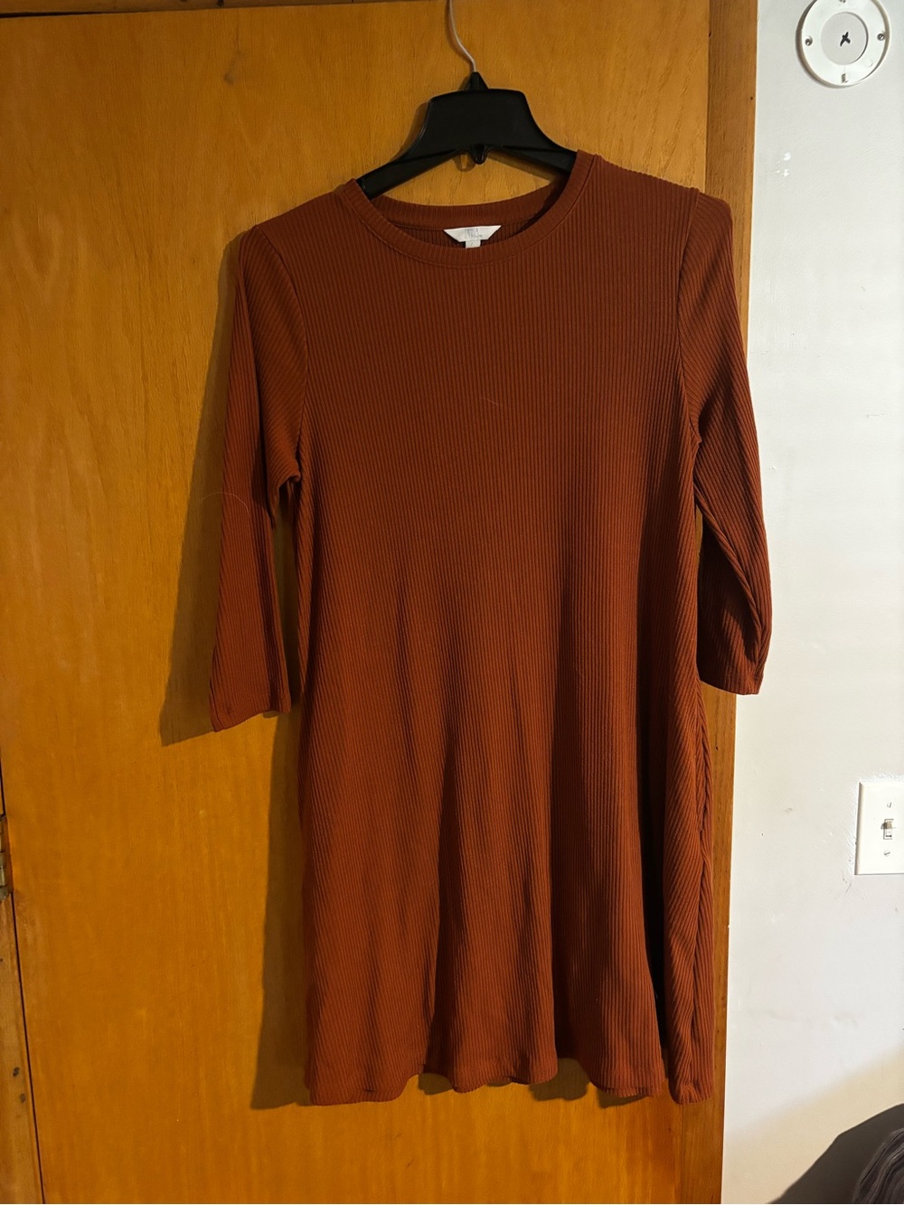 Time and Tru Ribbed Long Sleeve A-Line Dress in Rust Brown